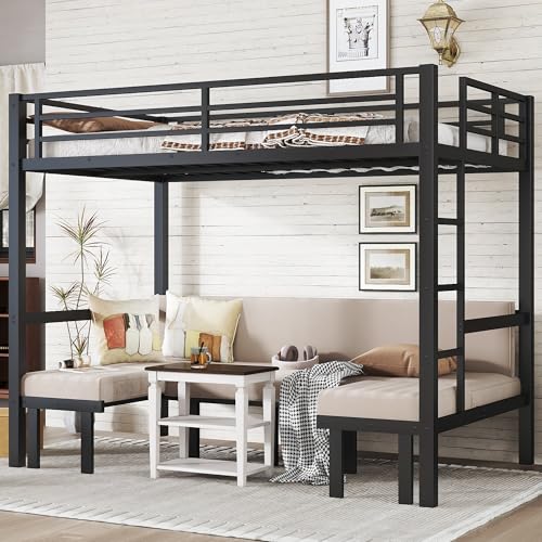 Full over Full Metal Bunk Bed with Guardrails, Convertible Loft Bed with Sofa & Lower Bed, Full Loft Bunk Beds can be Pulled out in 3 Sections for Teens, Adults, Bedroom, Black Harper & Bright Designs