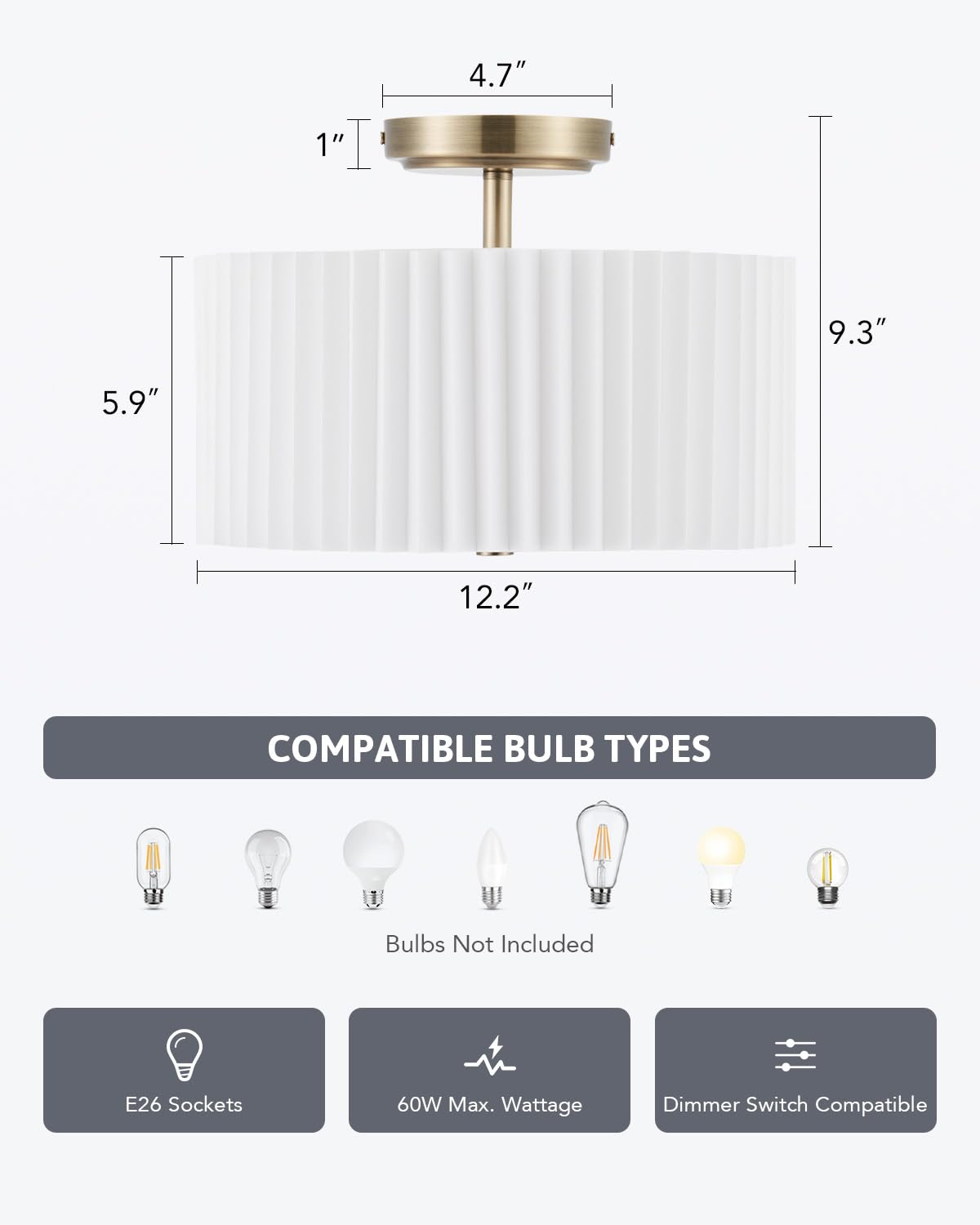 VONLUCE Semi Flush Mount Ceiling Light, 12.2'' Ceiling Light Fixture with Pleated Shade, 2-Light Modern Drum Light Fixture for Bedroom Living Room Entryway Hallway, White Shade & Bronze Finish VONLUCE