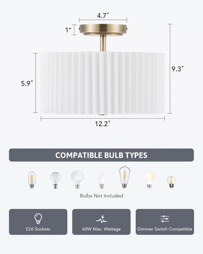 VONLUCE Semi Flush Mount Ceiling Light, 12.2'' Ceiling Light Fixture with Pleated Shade, 2-Light Modern Drum Light Fixture for Bedroom Living Room Entryway Hallway, White Shade & Bronze Finish