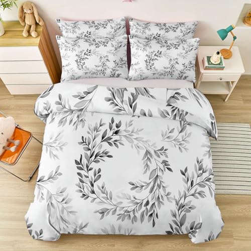 Duvet Cover Single 61" x 79" Size - Reversible Minimalist Retro Botanical Duvet Cover Set for Kids and Adults with Zipper Closure, 3 Pieces Grey Bedding Set with 2 Pillow Shams Generic