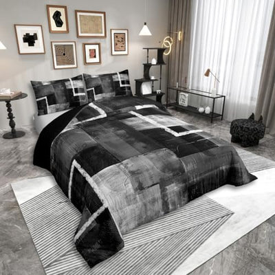 Erosebridal Black Grey Oil Painting Comforter Set Watercolor Patchwork Geometric Queen Comforter for Kids Teen Adults,Modern Geometric Bedding Set Abstract Graffiti Art Quilt