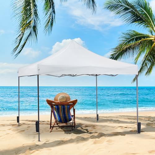 NEWBULIG 10x10 FT Pop Up Canopy Easy Up Tents for Camping Parties Events Beach Backyard Portable Outdoor Shelter Heavy Duty Instant Sun Shade with Sand Bags, White NEWBULIG