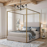 DGSPVCT Queen Size Metal Canopy Bed Frame, Upholstered Platform Bedframe with Tall Headboard and Four Poster, Modern Luxury Corduroy Low Profile Bed Frames, No Box Spring Needed/Minimalism, Beige Gold