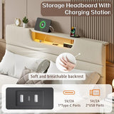 OURPIC Queen Size Bed Frames with Upholstered Headboard, Modern Platform Bed with Charging Station and Led Lights, Bed Frame with Sturdy Wooden Slats/No Box Spring Needed/2-Tier Storage, Beige OURPIC