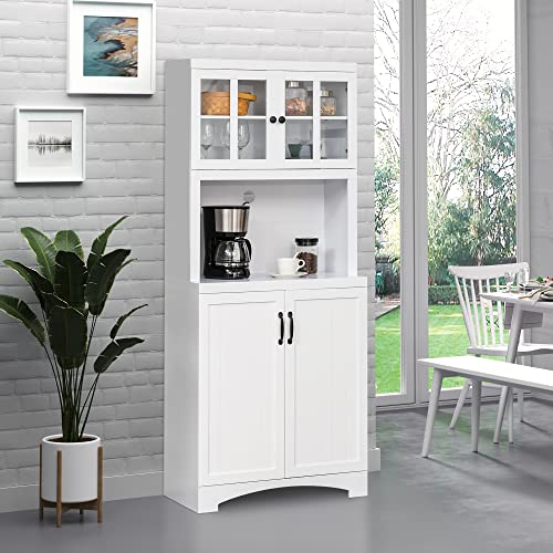 HOMCOM Kitchen Hutch, Pantry Cabinet with Glass Framed Door, Adjustable Shelves and Microwave Space for Dining Room, White - WoodArtSupply