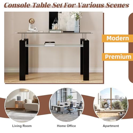 AMHDDT 47" 2-Tier Console Table with Tempered Glass Top and MDF Frame, Modern Black Rectangular Glass Entryway Table for Living Room, Apartment, Office, Easy to Assemble AMHDDT