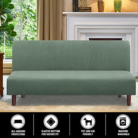 PrinceDeco Stretch Futon Slipcover Armless Futon Bed Cover Furniture Protector Without Armrests with Elastic Bottom for Kids, Soft Jacquard Fabric Small Checks, Machine Washable, Loden Frost PrinceDeco