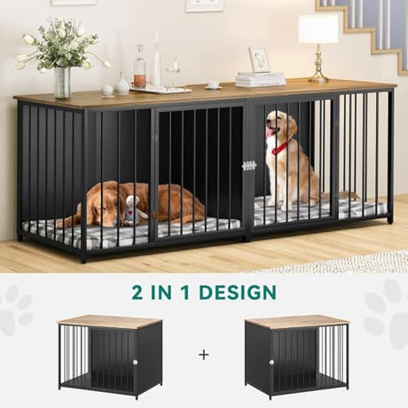 YITAHOME Double Dog Crate Furniture, 80.2 inch Large Breed Dog Kennel with Divider, Heavy Duty Dog House TV Stand Indoor for 2 Medium Dogs, Black YITAHOME