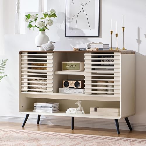 RedLemon 46" Entryway Table, Mid Century Modern Console Table with Slatted Sliding Door, Storage Shelf Wood Sofa Table Behind Couch for Hallway, Living Room, Foyer, Antique White RedLemon