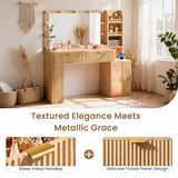 47'' Fluted Makeup Vanity Desk with Large 36" Mirror & Hollywood Bulbs, Smart RGB Lights, Glass Top Vanity with 5 Shelves, 2 RGB Drawers, Acrylic Cabinets, Wood Vanity with Charging Station,Oak DIYSET