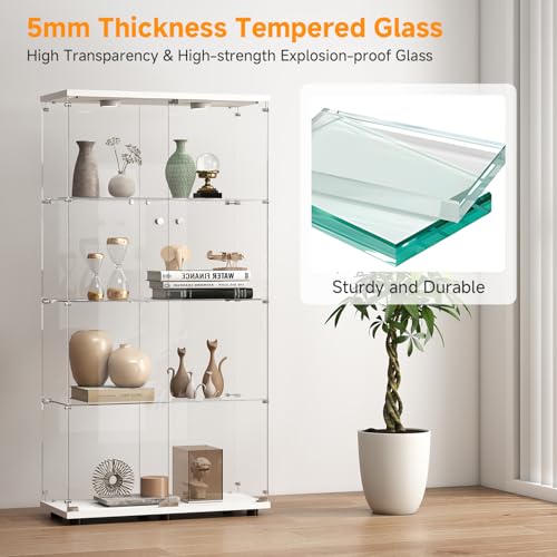 Zevemomo Tempered Glass Display Cabinet with Lights, 4-Tier Curio Cabinet with Glass Doors and Lock, Glass Display Case for Collectibles, for Living Room, Bedroom, Office, White, Double Door Zevemomo