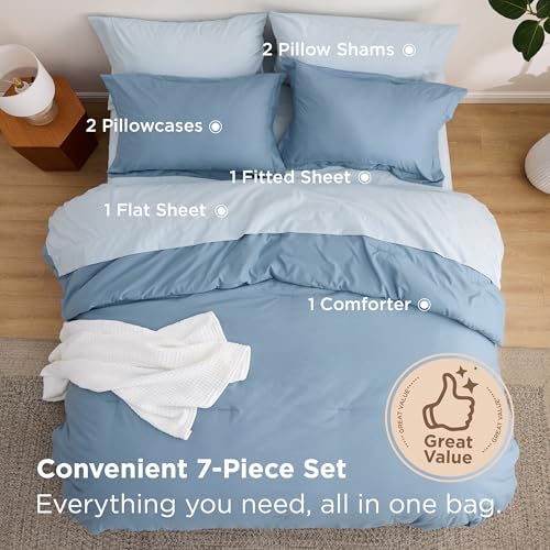 Bedsure Queen Comforter Set - 7 Pieces Grayish Blue Queen Bedding Set for All Seasons, Boho Contrasting Design Bed in a Bag with Comforter, Sheets, Pillowcases & Shams Bedsure