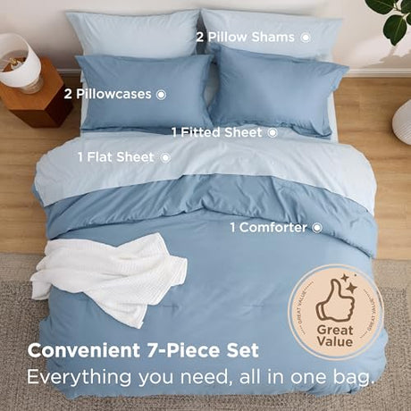 Bedsure Queen Comforter Set - 7 Pieces Grayish Blue Queen Bedding Set for All Seasons, Boho Contrasting Design Bed in a Bag with Comforter, Sheets, Pillowcases & Shams Bedsure