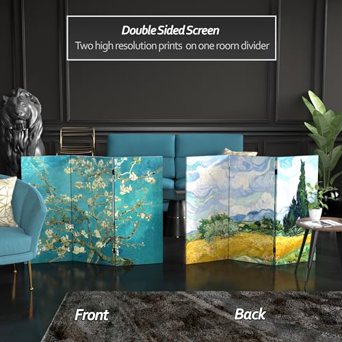 Red Lantern Double Sided Works of Van Gogh Canvas Folding Screen - Almond Blossoms/Wheat Field, 3 ft Short - 3 Panel Red Lantern