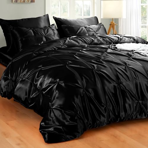 Heywaller 5-Piece Pinch Pleat Duvet Cover Set, Pintuck Duvet Cover Queen Size with Zipper, Black Satin Duvet Cover Shabby Chic Bedding (2 Pillow Shams + 2 Pillowcases), No Comforter Heywaller