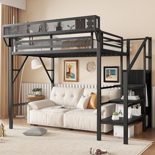 KEIKI Twin Size Metal Loft Bed Frame with Convertible Staircase, Built-in Storage Shelves & Wardrobe, Loft Bed with Solid Slats & Guardrail, No Box Spring Required, Easy Assembly, for Bedroom, Black KEIKI