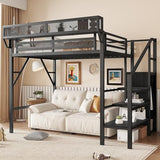 KEIKI Twin Size Metal Loft Bed Frame with Convertible Staircase, Built-in Storage Shelves & Wardrobe, Loft Bed with Solid Slats & Guardrail, No Box Spring Required, Easy Assembly, for Bedroom, Black KEIKI