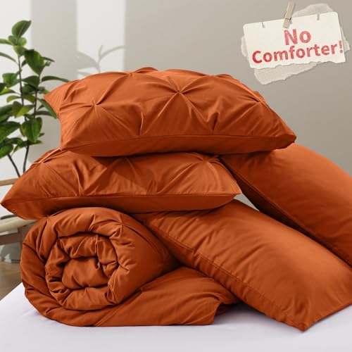 VACVELT 5 Piece Pinch Pleated Duvet Cover Full/Queen Size Set, Burnt Orange Pintuck Duvet Cover with Zipper & 8 Ties, Shabby Chic Microfiber Duvet Cover + 2 Pillow Shams + 2 Pillowcases, No Comforter VACVELT