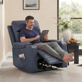 Watson & Whitely Genuine Leather Power Recliner Chair, Wall Hugger Electric Reclining Chair with Cup Holders & Charging Ports for Living Room, Navy Blue