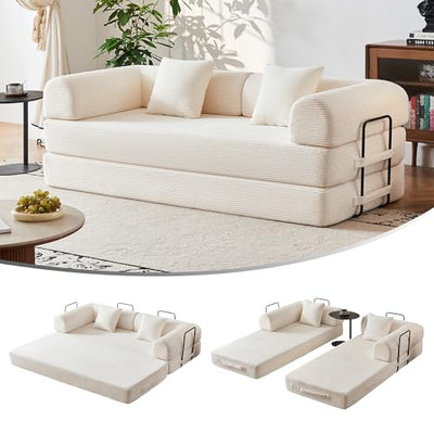 79" Convertible Sofa Bed No Assembly, 5-in-1 Sleeper with Fixed Frame & Corduroy Cloud Cushion, Foldable Futon Couch for Small Apartment, Guest Room, Office (Beige White)