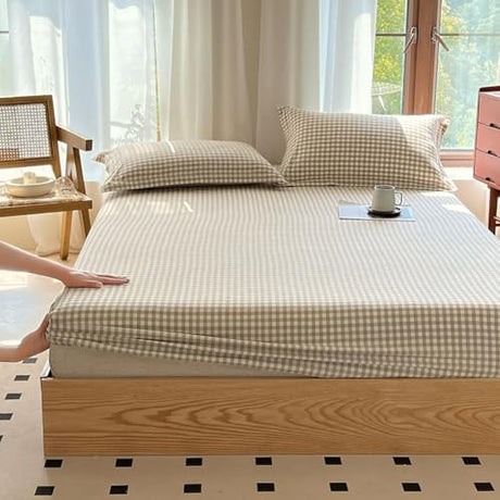 Tan Gingham Fitted Sheet Queen 100% Washed Cotton Taupe Plaid Queen Bed Sheet Grid Single Bottom Sheet with 15" Deep Pocket Gingham Bedding Grid Sheet 1 Piece Cotton Breathable Mattress Cover LifeTB