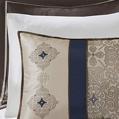 Madison Park Essentials Delaney 24-Piece Room In A Bag Comforter Set-Satin Jacquard All Season Luxury Bedding, Sheets, decorative pillows and Curtains, Valance, Queen (90 in x 90 in), Medallion Navy Madison Park