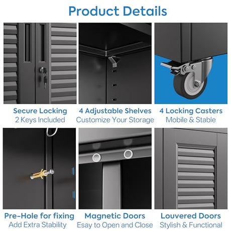 Aobabo Lockable Metal Storage Cabinet with 4 Adjuatable Shelves,Garage Storage Cabinet with Wheels and 5 Remove Pegboard,Required Assembly,Black,70.87''H*31.5''W*15.75''D Aobabo