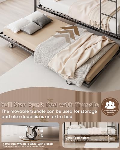 Feetice Full Over Full Bunk Bed with Trundle, Heavy Duty Metal Bed Frame with Full-Length Guardrails & Ladder, 3-in-1 Convertible Full Bunk Bed, Noise-Free, No Box Spring Needed, Black Feetice