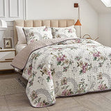 Flysheep 3 Pieces Quilt Set Full/Queen Size, Beige Floral Reversible Bedspread Coverlet Set, Soft Microfiber Lightweight Bed Cover for All Season (90" x 90", 1 Quilt+ 2 Pillow Shams) Flysheep