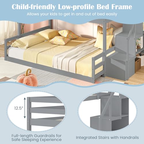 Giantex Twin Over Full Bunk Bed with Stairs, Solid Wood Floor Bunk Bed with Storage Staircase & Full-Length Guardrails, Low Bunk Bed with for Kids, Teens, Adults, Dorm, Small Space, Grey Giantex