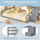 Giantex Twin Over Full Bunk Bed with Stairs, Solid Wood Floor Bunk Bed with Storage Staircase & Full-Length Guardrails, Low Bunk Bed with for Kids, Teens, Adults, Dorm, Small Space, Grey Giantex