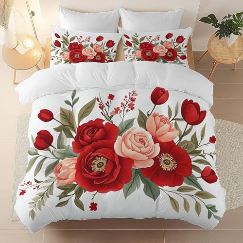 White 3 Piece Duvet Cover Set, 1 Printed Zipper Closure Duvet Cover with 2 Pillow Shams, Ultra Soft Brushed Microfiber Single with Minimalist Floral Retro Generic