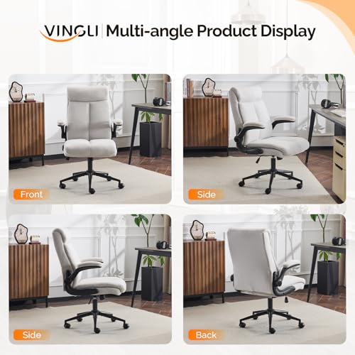 VINGLI Rolling Ergonomic Office Desk Chair with Padded Flip-up Arms, 360° Swivel High Back Executive Computer Chair with Wheels for Game,Home Small Space, Study Room, Reading Room, Linen Light Grey VINGLI
