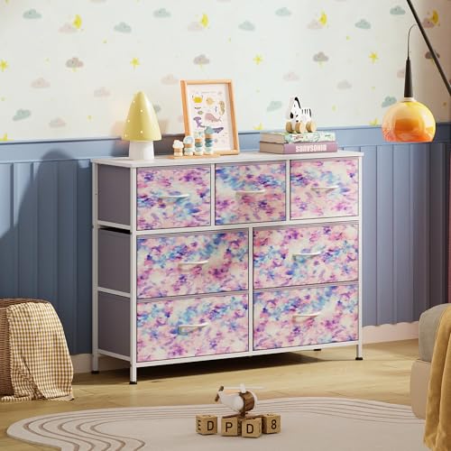WLIVE 7 Drawer Dresser TV Stand, Entertainment Center, Media Console Table with Metal Frame and Wood Top for TV up to 46 inch, Chest of Drawers for Bedroom, Living Room, Tie-dye Purple Print WLIVE