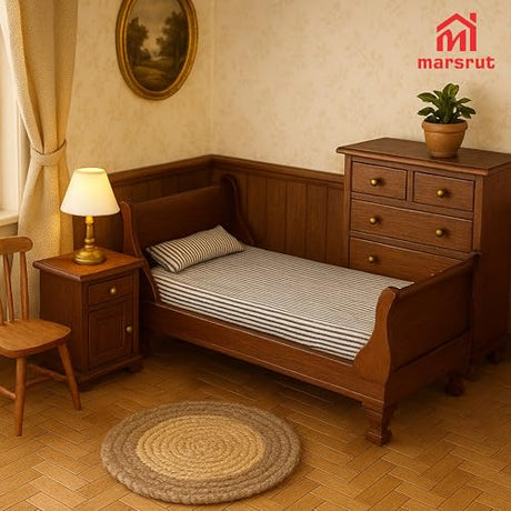 1:12 Scale Doll House Miniature Single Bed with Bedding Fabric & Pillow, Wooden Vintage Victorian European Style Bedroom Furniture Decor Christmas Accessories, Mini Sleigh Bed for 6 Inch Dolls Marsrut