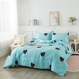 Caressma Love Pattern Girls Comforter Set Full Size, Sky Blue Cute Love Heart Print Comforter Bedding Set for All Seasons, Geometric Soft Microfiber 3 Pieces Comforter Set with Pillowcases Caressma