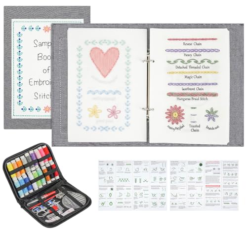 ilauke Upgraded Embroidery Stitch Book Loose-Leaf 7x8 inch, Embroidery Kit for Beginner Adults 106 Patterns, DIY Sewing Books Kit with Supplies & Tutorials, Easy to Practice