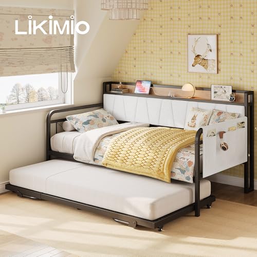 LIKIMIO Daybed with Trundle Bed, Twin Bed Frame with Storage Headboard and Charging Station, Sofa Day Bed with Strong Supports for Living Room, Bedroom, and Guest Room, Cream LIKIMIO