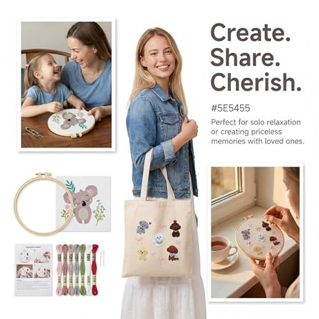 QIZUOLIFE 2Pcs Animal Embroidery Starter Kit for Adults, Koala & Puppies Pre‑Printed Embroidery Hoops Set, DIY Needlework Supplies with Step‑by‑Step Video Tutorials, Craft Gift for Beginners QIZUOLIFE