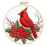 Zhenqing Red Bird Embroidery Kit for Beginners, Pre-Printed 29x29cm Cotton Fabric with 20cm Hoop, Vibrant Holly and Berries Winter Design (C0202)