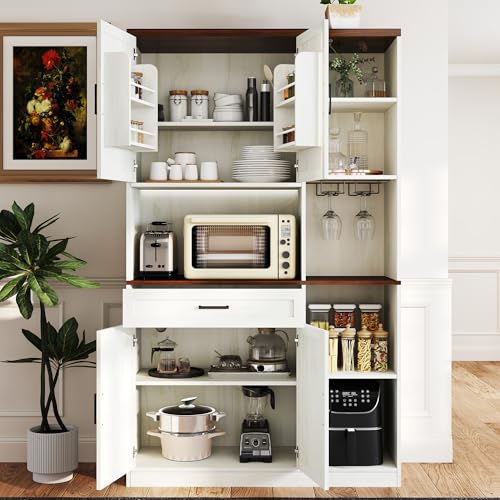 71" Kitchen Pantry Cabinet with Charging Station & LED Light,Freestanding Buffet Storage Cabinets with Adjustable Shelves,Farmhouse Kitchen Hutch with Microwave Stand for Dining Room (White+Brown) Anwick
