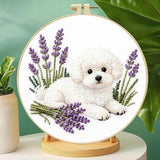 Zhenqing White Poodle Cross Stitch Kit with Lavender Bouquet, 11CT Printed 24x24cm, Beginner Embroidery Set with 20cm Hoop(70792)