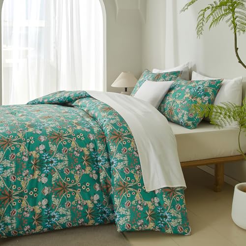 mixinni Farmhouse Boho Comforter Set Queen Size - 3 Piece Lightweight All Season Bedding Set with Fluffy Comforter & 2 Pillow Shams, Floral Botanical Design, Soft Breathable Microfiber mixinni
