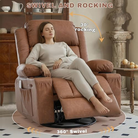GAOHAPY Rocker Recliner Chair with Heat and Massage,360°Swivel Nursery Recliner Chair for Adults,Oversized Recliner Single Sofa Seat with 2 Cup Holders and Side Pocket (Brown) GAOHAPY