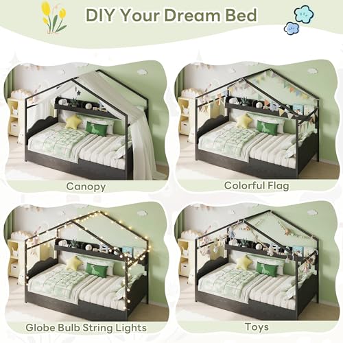 LIKIMIO Twin Bed Frame with 2 Storage Drawers, DIY House Bed with Bookshelf & Curved Headboard & Footboard, Twin Corner Bed Frames for Bedroom, No Box Spring Needed, Black LIKIMIO