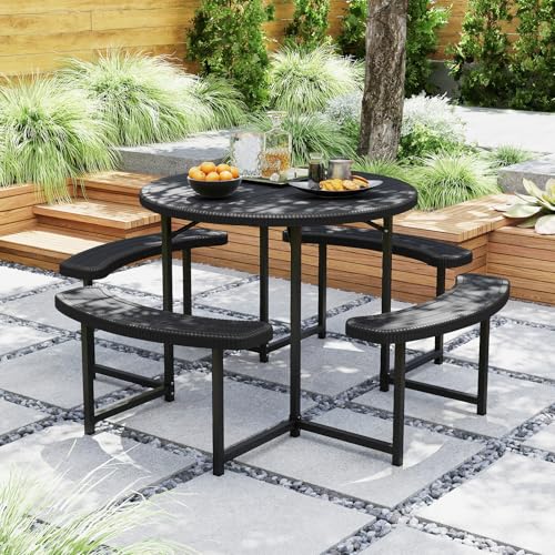 Giantex Picnic Table Bench Set for 4-8 Person, Round 37” Outdoor Dining Table w/Umbrella Hole, HDPE Tabletop, Metal Frame, Patio Furniture Set for Backyard Porch Lawn, 1400lb Capacity (Black,Round) Giantex
