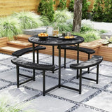 Giantex Picnic Table Bench Set for 4-8 Person, Round 37” Outdoor Dining Table w/Umbrella Hole, HDPE Tabletop, Metal Frame, Patio Furniture Set for Backyard Porch Lawn, 1400lb Capacity (Black,Round) Giantex