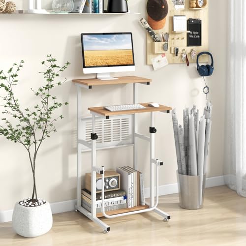 Tangkula Small Standing Desk, Height Adjustable Teacher Podium Stand, Compact Standing Table Lectern Podium, Laptop Desk with Footrest, Suitable for Sitting or Standing Tangkula
