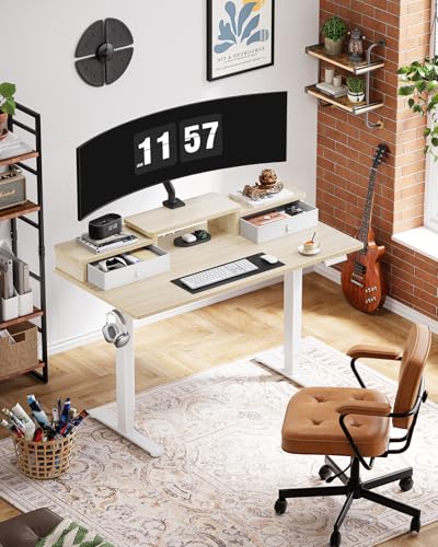 Marsail Electric Standing Desk with Drawers, 55″ x 28″ Height Adjustable Sit Stand Up Desk with Storage Shelf, Ergonomic Home Office & Computer Table with 4 Memory Heights, Maple Marsail