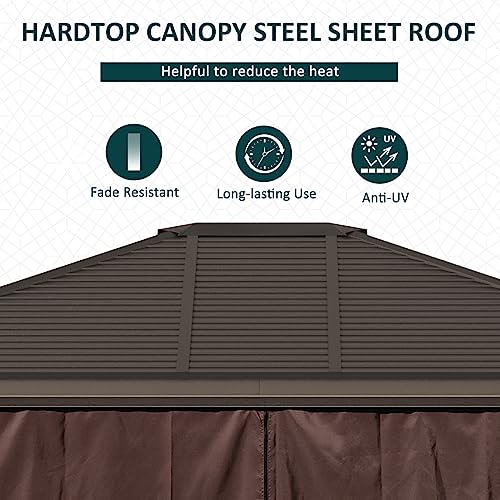Outsunny 10' x 12' Hardtop Gazebo with Curtains and Netting, Permanent Pavilion Metal Single Roof Gazebo Canopy with Aluminum Frame and Hooks, for Garden, Patio, Backyard, Brown Outsunny
